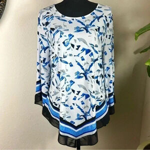 ALFANI Women’s White Navy Blue Ocean Blue Gray Abstract Bell Sleeve Tunic Large